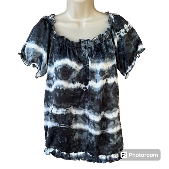 AB STudio Black White Tie Dye Silky Pullover Top Smocked Elastic Hem Womens S - Picture 1 of 9